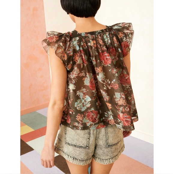 Ulla Johnson Silk-Blend Ruffle Floral Kiki Short-Sleeve Top - Picture 6 of 7